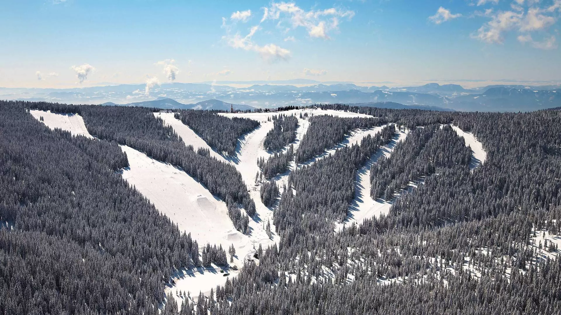 Smučarske proge na zasneženem pobočju obdane z gozdom.
