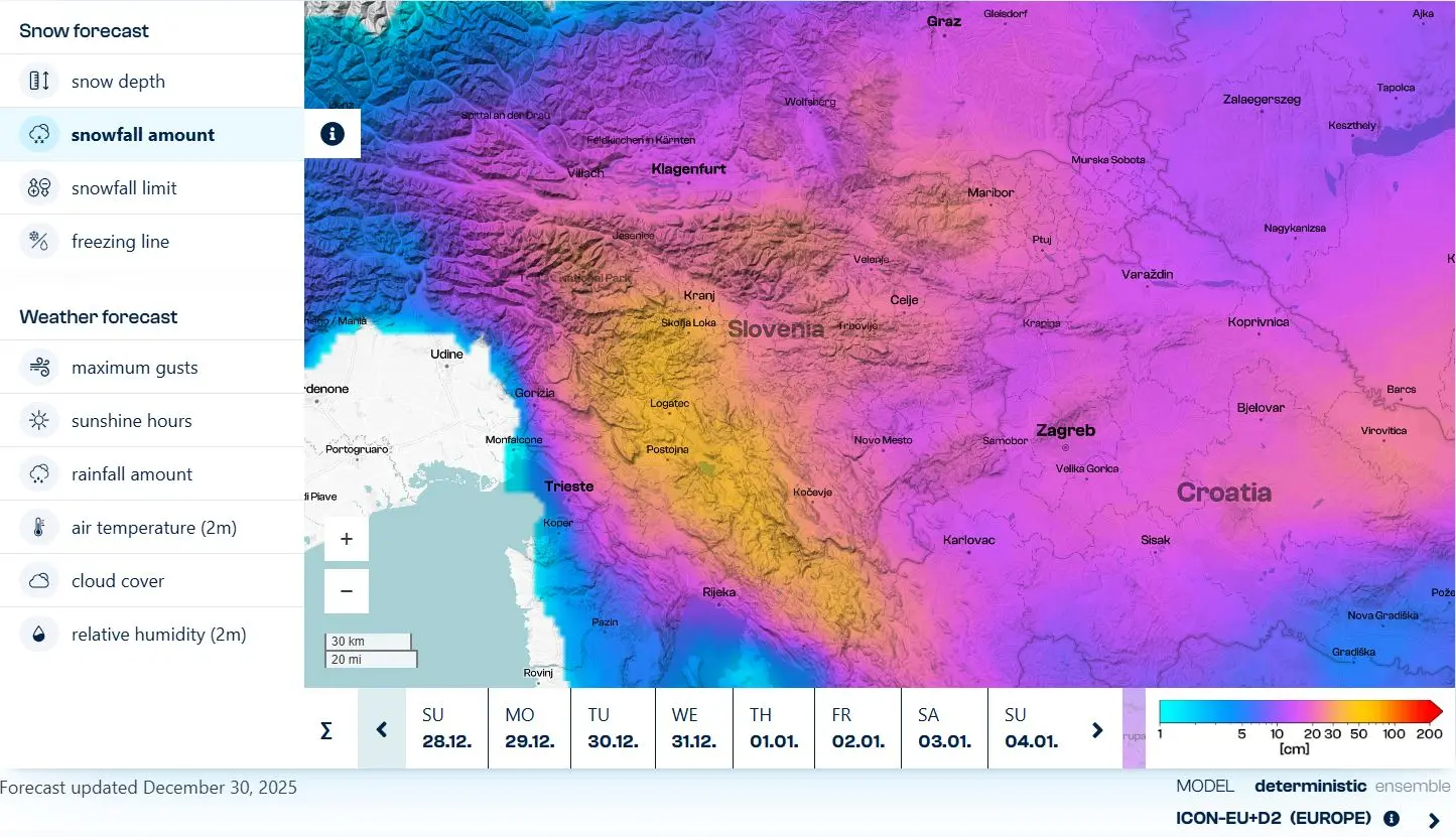 Zemljevid prikazuje količino snežnih padavin v Sloveniji in sosednjih državah med 28. decembrom in 4. januarjem, z barvno lestvico za prikaz debeline snega.